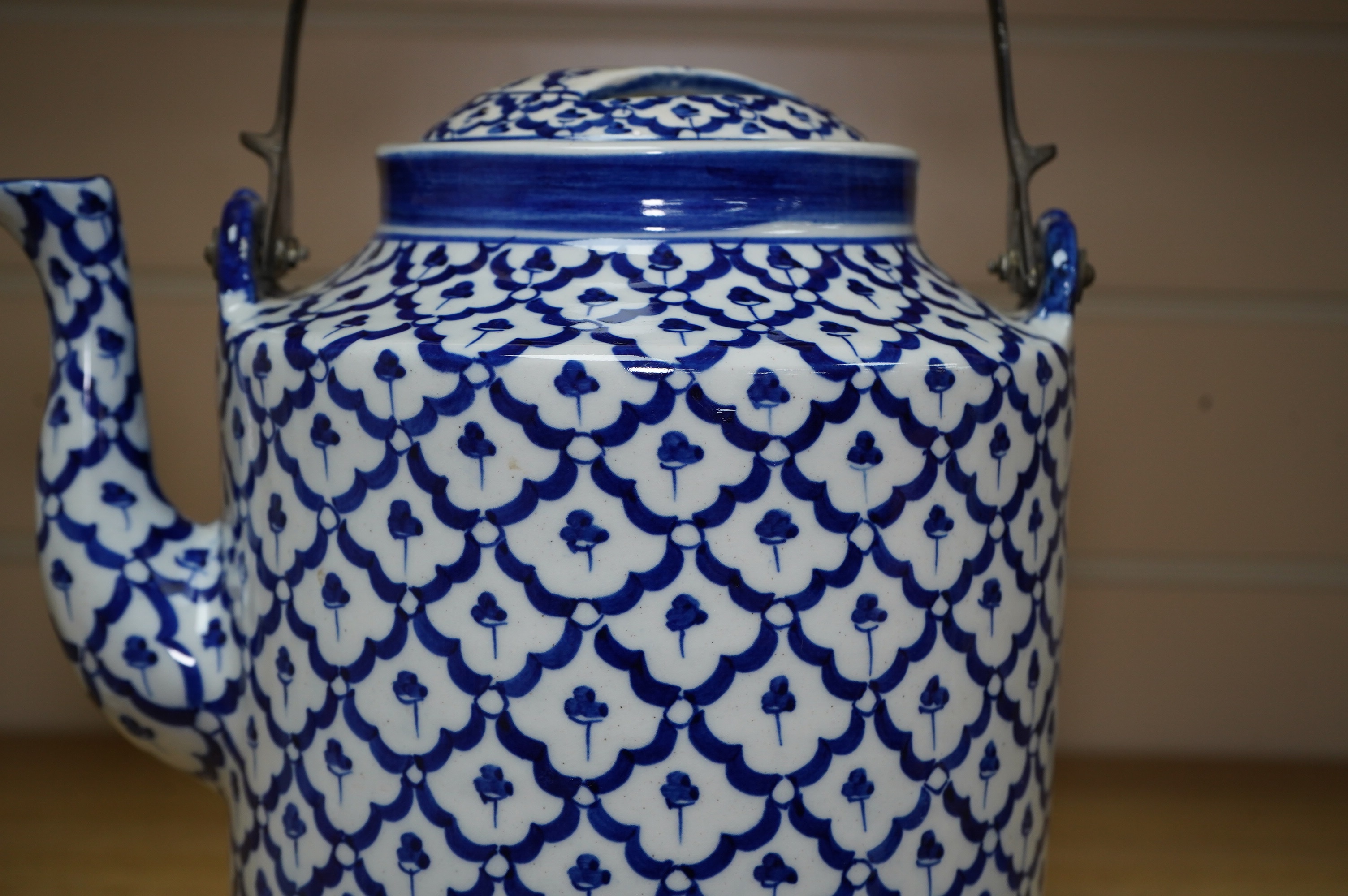 A large Chinese porcelain blue and white teapot, 28cm total. Condition - good